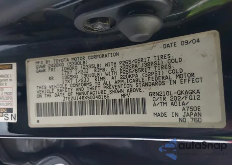 2005 Toyota 4Runner Sr5 V6 z USA, uszkodzony, nr VIN JTEZU14RX50048165